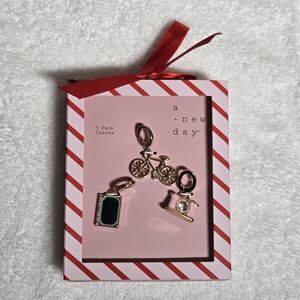 a new day Gold Bicycle, Camera & Book Charm Set w Crystal & Enamel Accents NWT